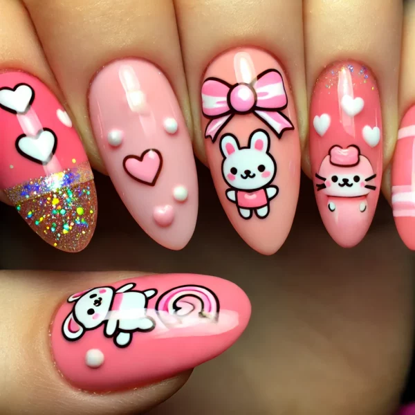 Pink Kawaii Nail Art Set - Cute Animal & Bow Designs for Adorable Manicure